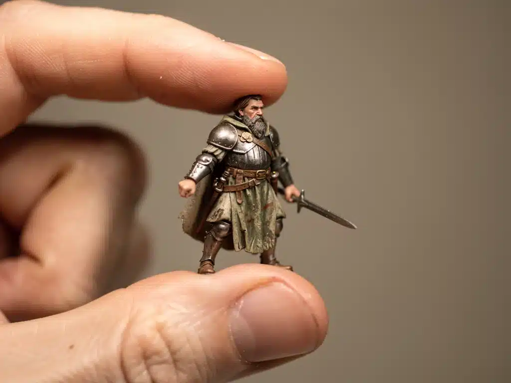 Hand holding a finely detailed scale model figure, illustrating its small size and intricate craftsmanship.