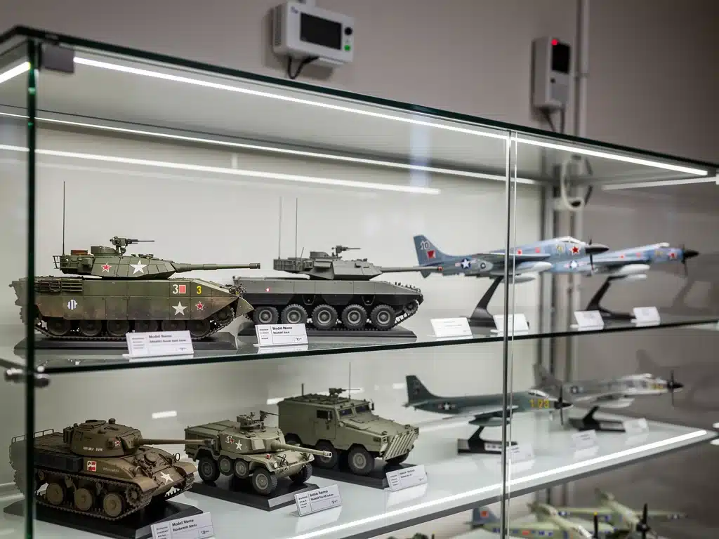 Pristine scale models displayed in a climate-controlled glass case.