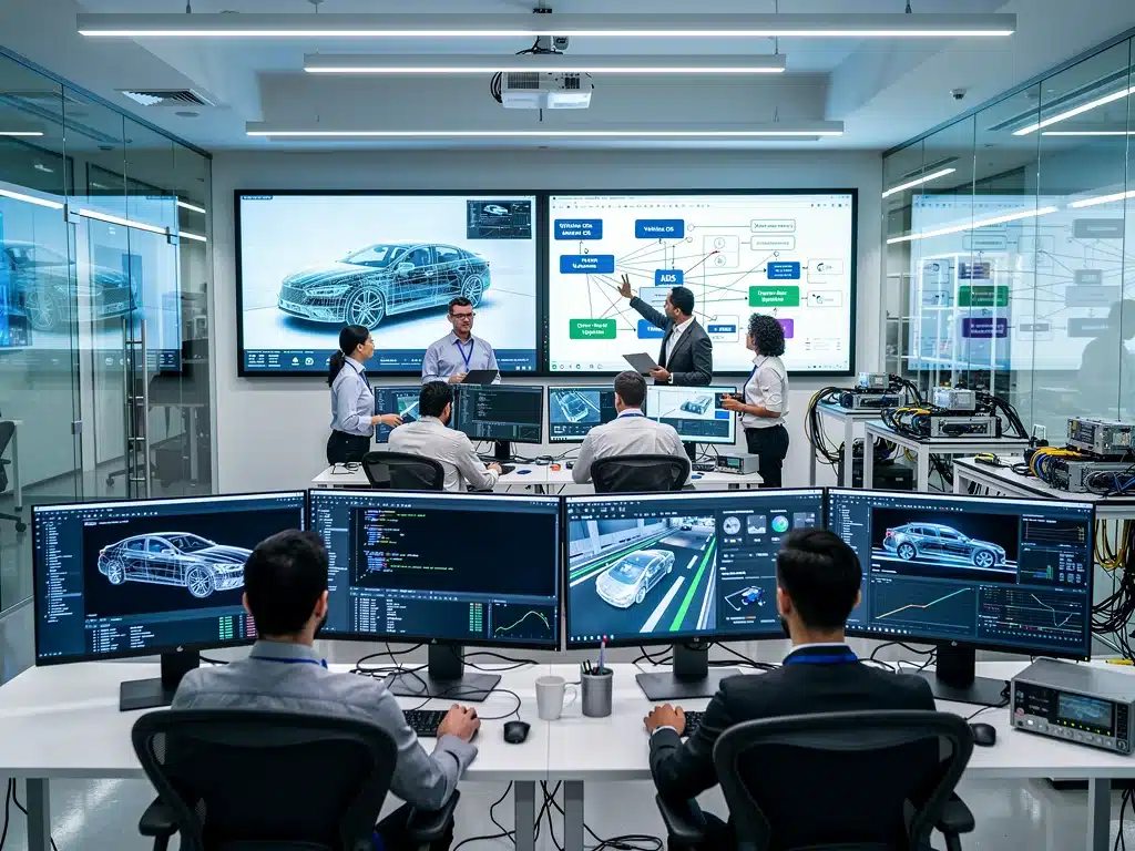 Engineers developing software for software-defined vehicles in a lab