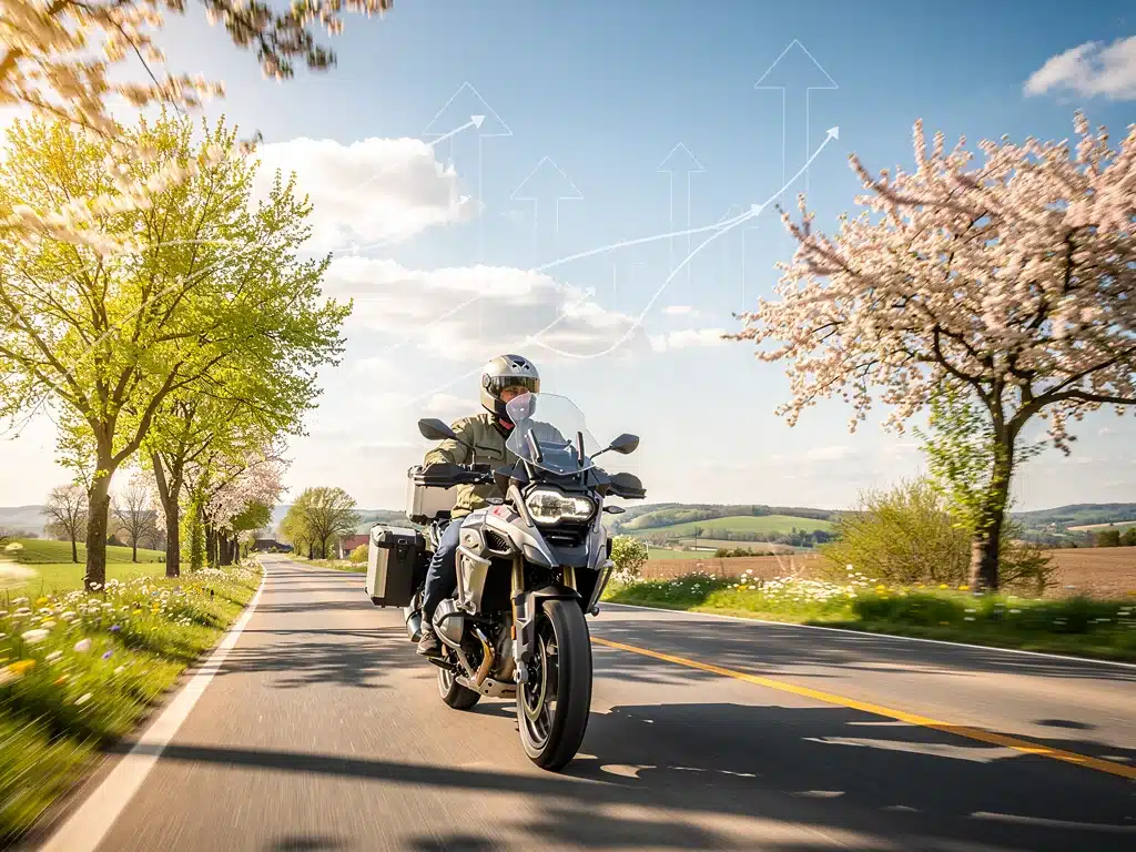 Motorcycle rider on scenic road, symbolizing seasonal riding and market demand.
