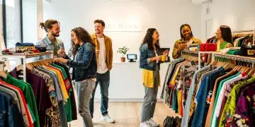 Young people enthusiastically shopping for secondhand clothes in a modern resale store