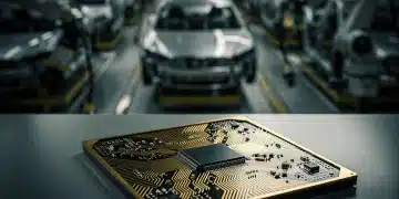 Semiconductor Shortage: 2026 US Vehicle Production Updates Semiconductor chip on manufacturing floor, symbolizing supply chain issues in auto industry.