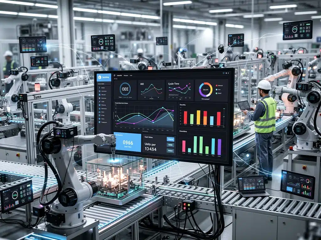 Smart factory dashboard showing real-time apparel production data and IoT integration.
