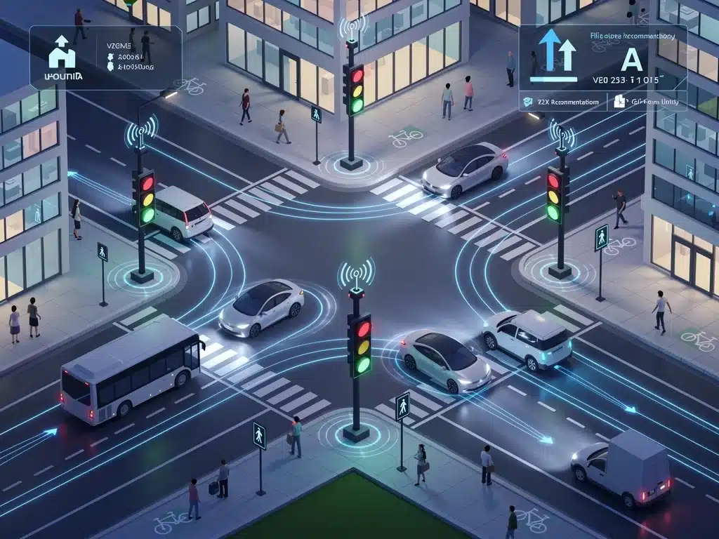 Smart intersection with V2X technology preventing collisions and managing congestion.