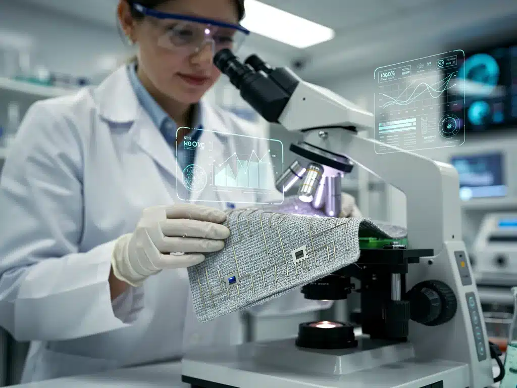 Scientist examining smart textile with embedded sensors in a futuristic lab.