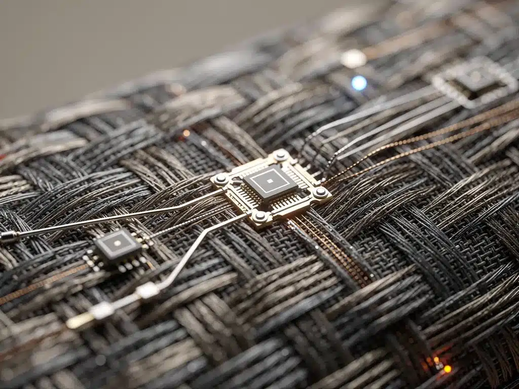 Close-up of smart textile fabric with embedded sensors for outdoor use