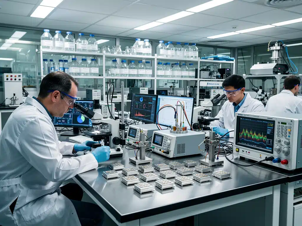 Engineers conducting research and development on solid-state battery prototypes in a lab