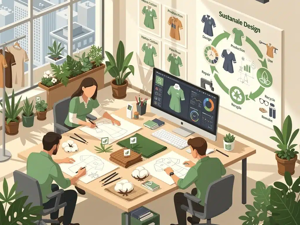 Designers collaborating on sustainable apparel using eco-friendly materials and circular design principles.
