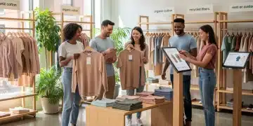 Diverse shoppers exploring sustainable clothing in a modern, eco-friendly retail environment in the US.