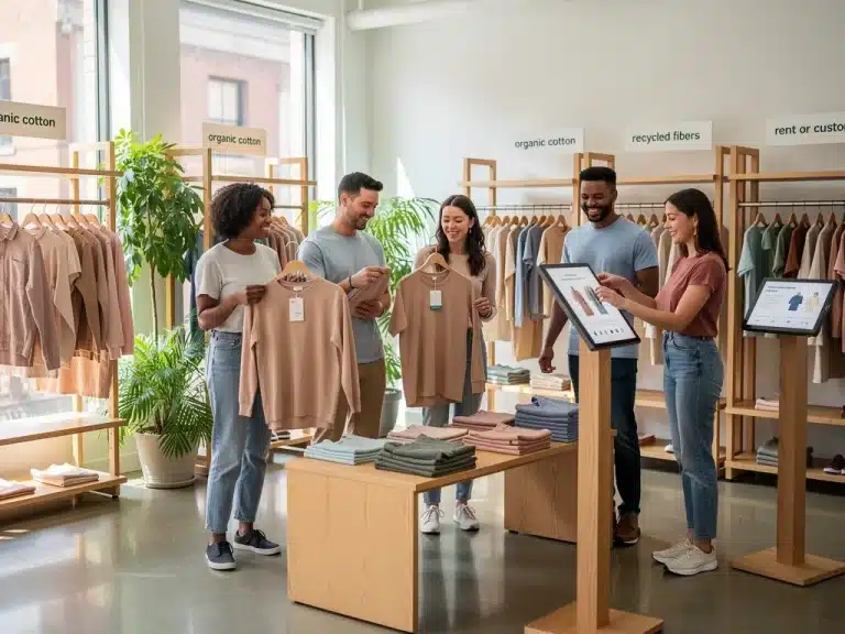 Diverse shoppers exploring sustainable clothing in a modern, eco-friendly retail environment in the US.
