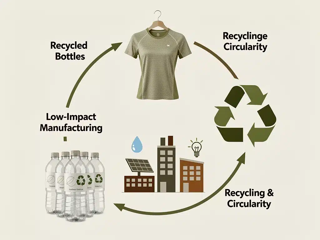 Circular economy graphic showing the sustainable lifecycle of performance fabrics from recycled materials.