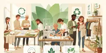 Diverse group collaborating on sustainable fashion with certification badges