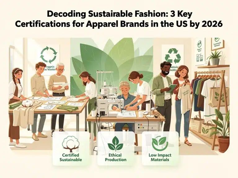 Diverse group collaborating on sustainable fashion with certification badges