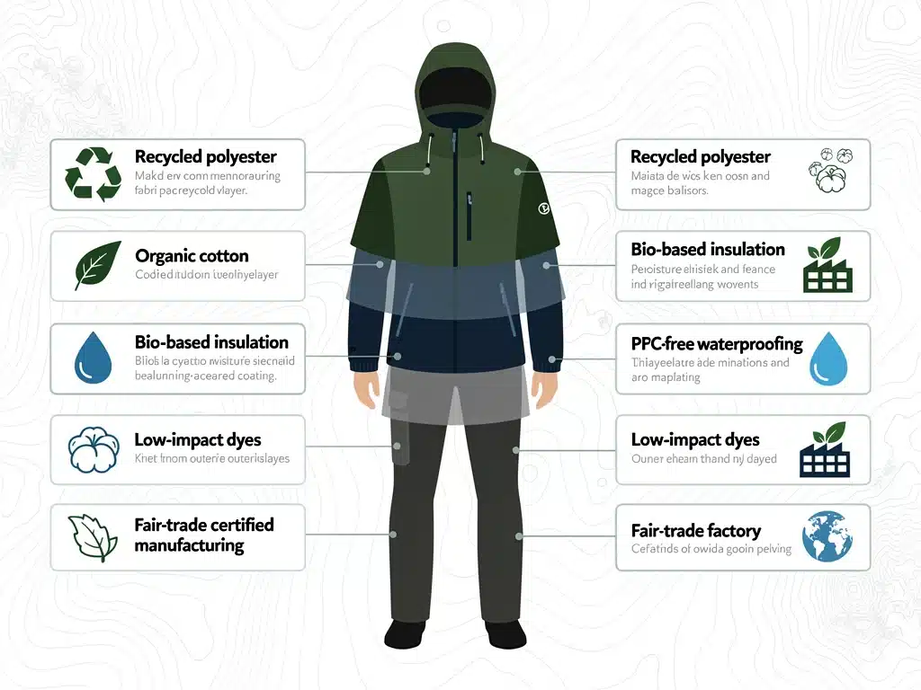 Diagram showing layers of sustainable outdoor clothing made from recycled materials