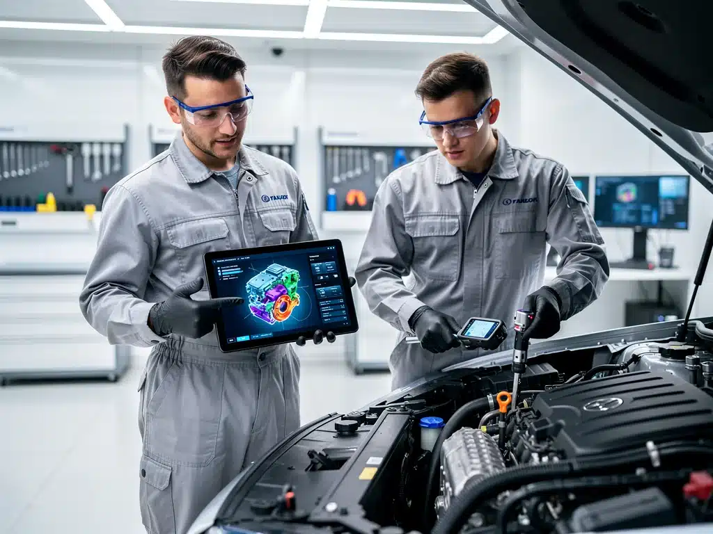 Automotive technicians using AI insights for engine maintenance