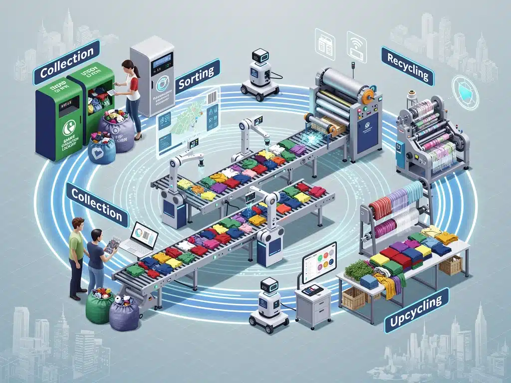 Reverse logistics system for textile recycling with collection bins and sorting machinery.