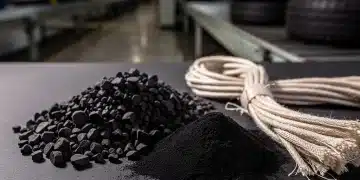 Close-up of rubber, carbon black, and textile cords, essential raw materials for tire production, illustrating their importance in manufacturing.