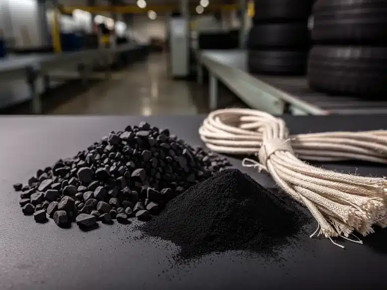 Close-up of rubber, carbon black, and textile cords, essential raw materials for tire production, illustrating their importance in manufacturing.