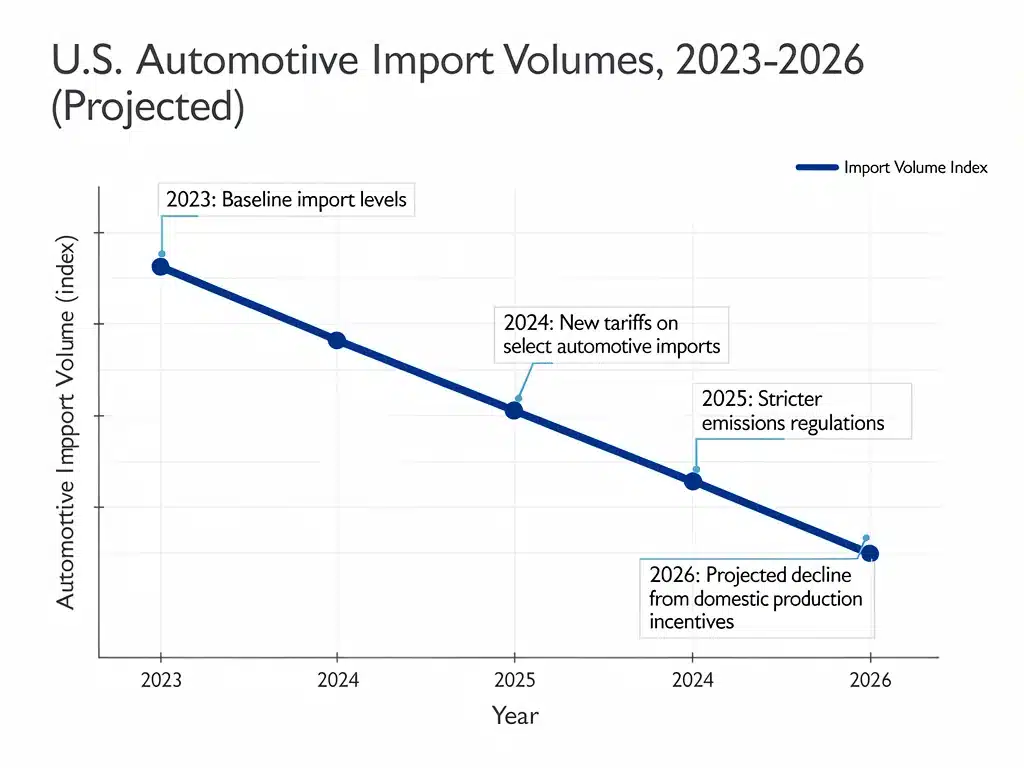 Graph illustrating projected 6% decline in US automotive imports by 2026 due to trade policies.