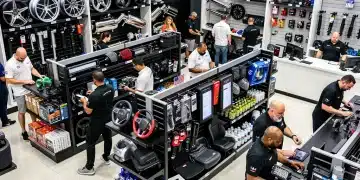 Modern automotive accessories showroom with diverse products and active shoppers, reflecting increased consumer spending in the US.