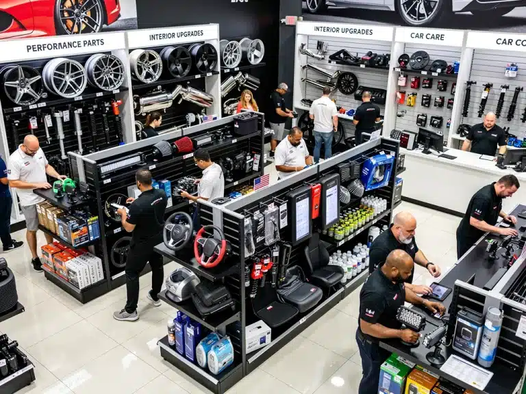 Modern automotive accessories showroom with diverse products and active shoppers, reflecting increased consumer spending in the US.