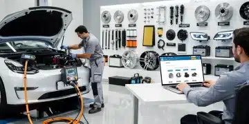 Modern automotive aftermarket industry showing electric vehicle repair, online parts shopping, and diverse auto components.
