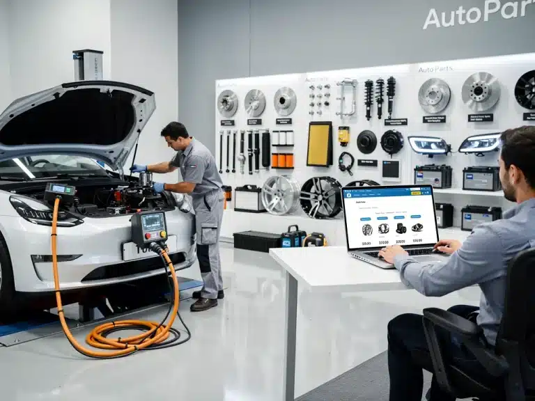 Modern automotive aftermarket industry showing electric vehicle repair, online parts shopping, and diverse auto components.