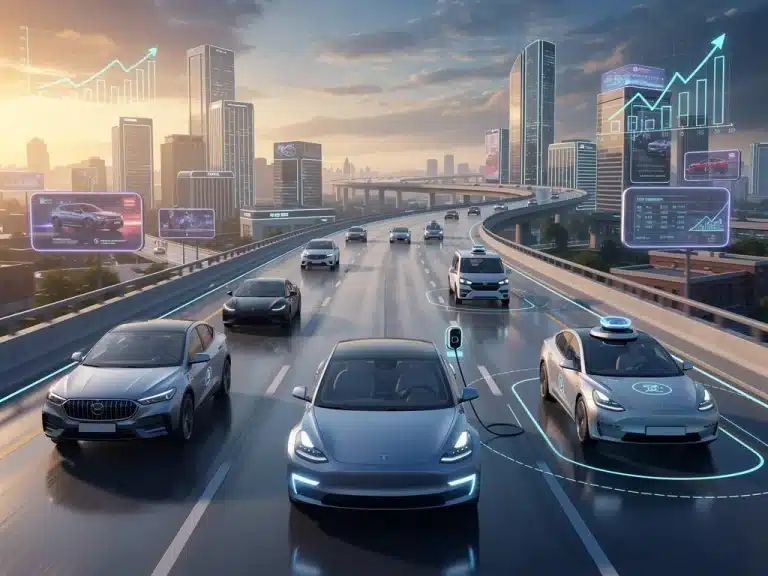 Dynamic visual representing the United States automotive market's 7% growth in Q1 2026, featuring diverse vehicle types and optimistic economic indicators.