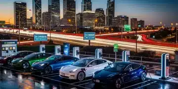 Electric vehicle charging stations illuminated at dusk, symbolizing the growth of US EV infrastructure.