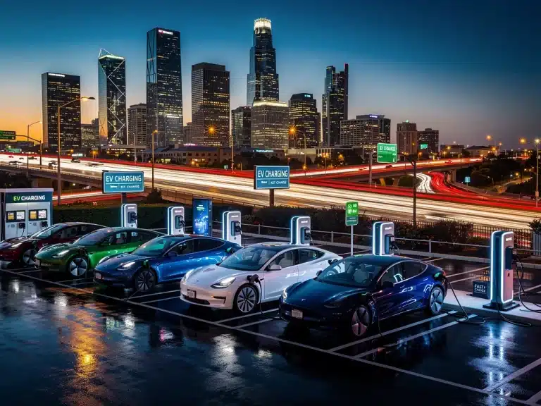 Electric vehicle charging stations illuminated at dusk, symbolizing the growth of US EV infrastructure.