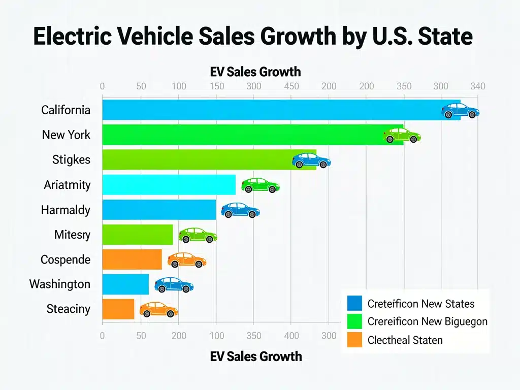 Infographic showing electric vehicle sales growth across US states.