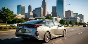 Modern hybrid car on US highway, symbolizing environmental regulations and future automotive trends.