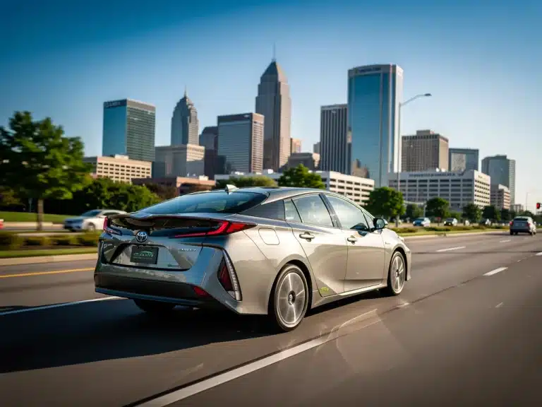 Modern hybrid car on US highway, symbolizing environmental regulations and future automotive trends.
