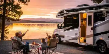 Modern 2026 RV at scenic US campsite, family enjoying sunset view.
