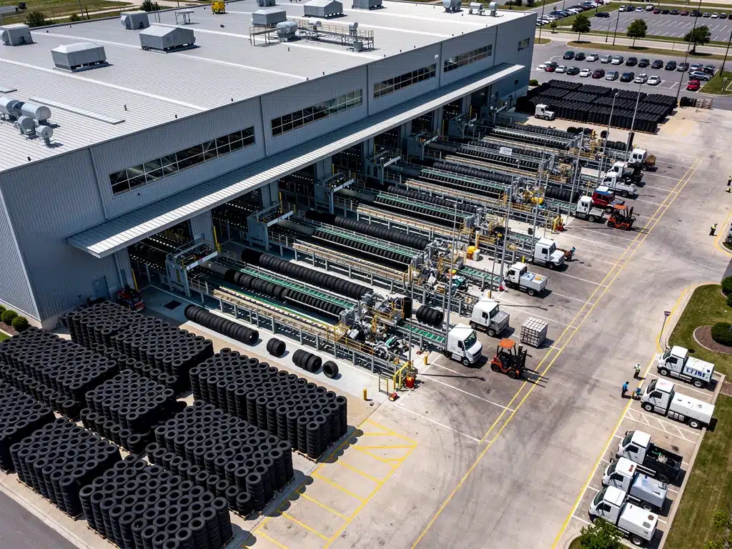 Aerial view of a large United States tire manufacturing plant, showcasing industrial scale and production lines.