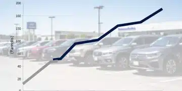 Graph illustrating the stabilization of used car prices in the US after a 10% decline in early 2026, with diverse used cars in the background.