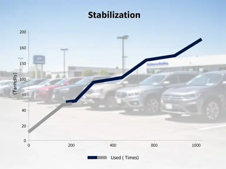 Graph illustrating the stabilization of used car prices in the US after a 10% decline in early 2026, with diverse used cars in the background.