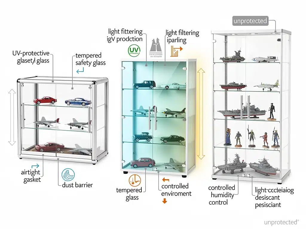 Diagram illustrating various UV-protective display cases for scale models, emphasizing environmental control.