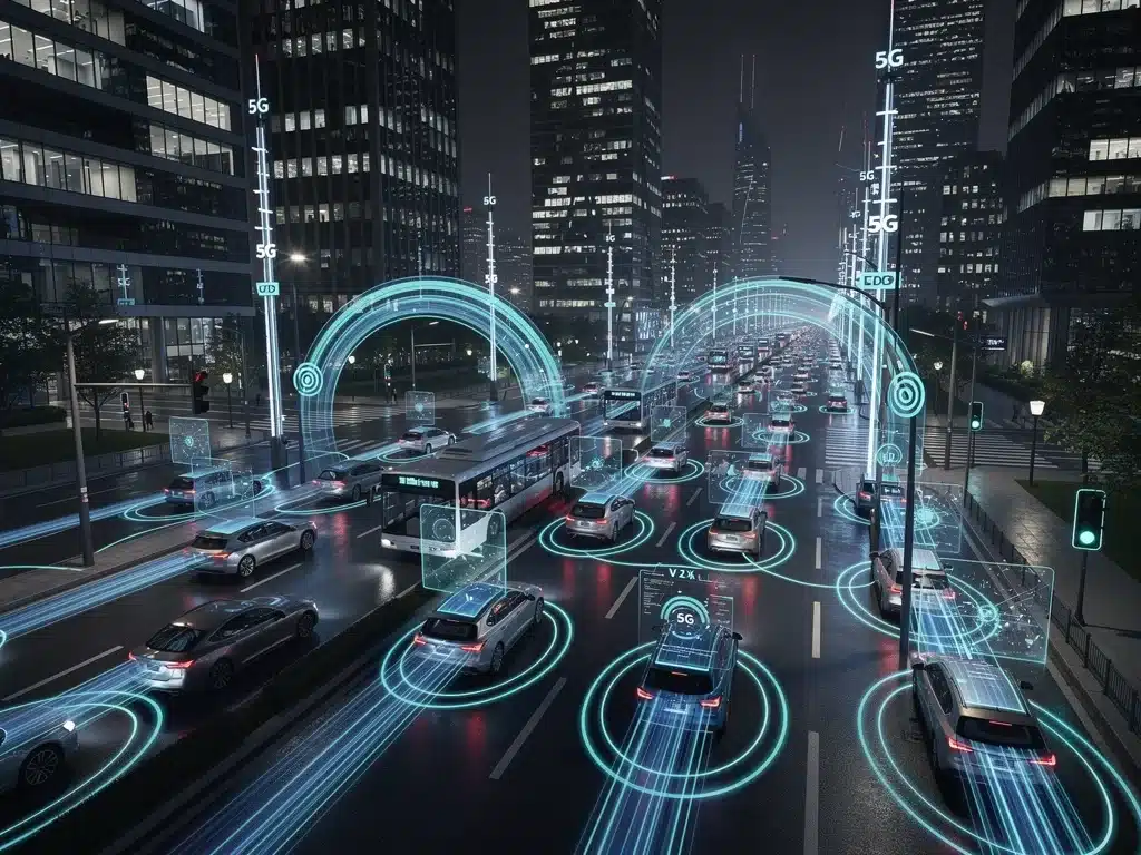 Vehicles and smart city infrastructure communicating via 5G, illustrating V2X technology