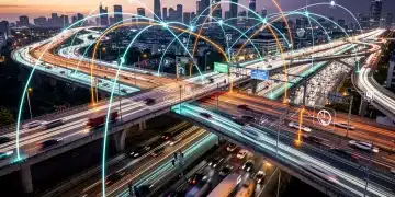 V2X communication network optimizing urban traffic flow by 2026 with connected vehicles and infrastructure.