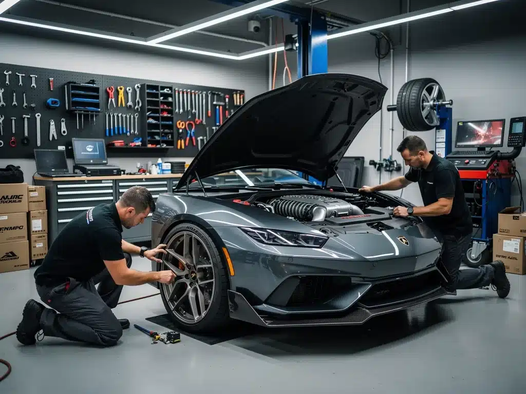 Professional vehicle customization in a modern garage, highlighting performance parts installation and aesthetic upgrades.
