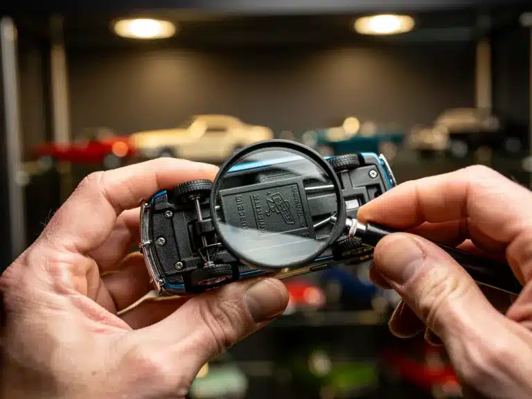 Collector examining vintage diecast model authenticity with magnifying glass