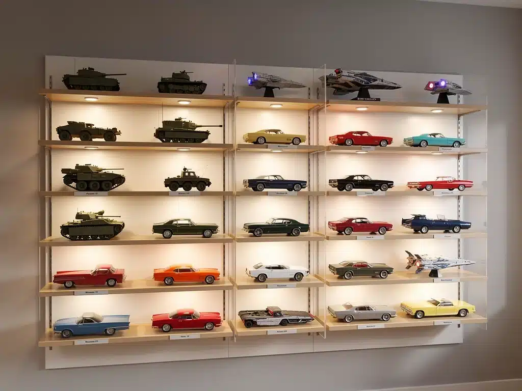 Custom wall-mounted shelf system for diverse scale model collection.